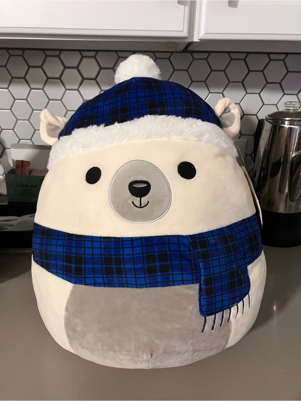 Squishmallows Polar Bear Plush with Blue Plaid Hat & Scarf
